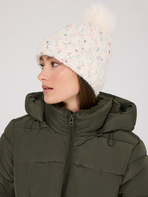 Speckled Knit Hat With Pom Pom White