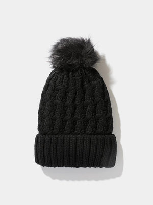 Cable Knit Hat With Faux Fur Pom Pom Black