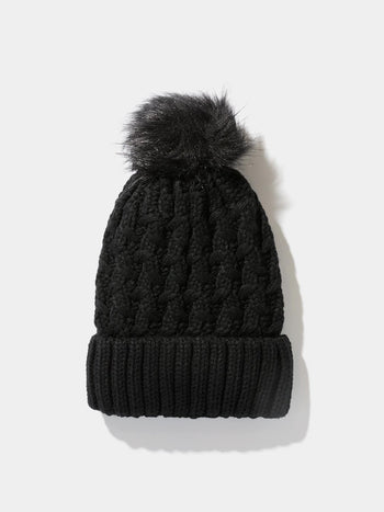 Cable Knit Hat With Faux Fur Pom Pom Black