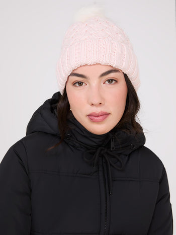 Cable Knit Hat With Faux Fur Pom Pom Rose