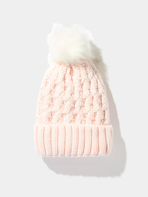 Cable Knit Hat With Faux Fur Pom Pom Rose