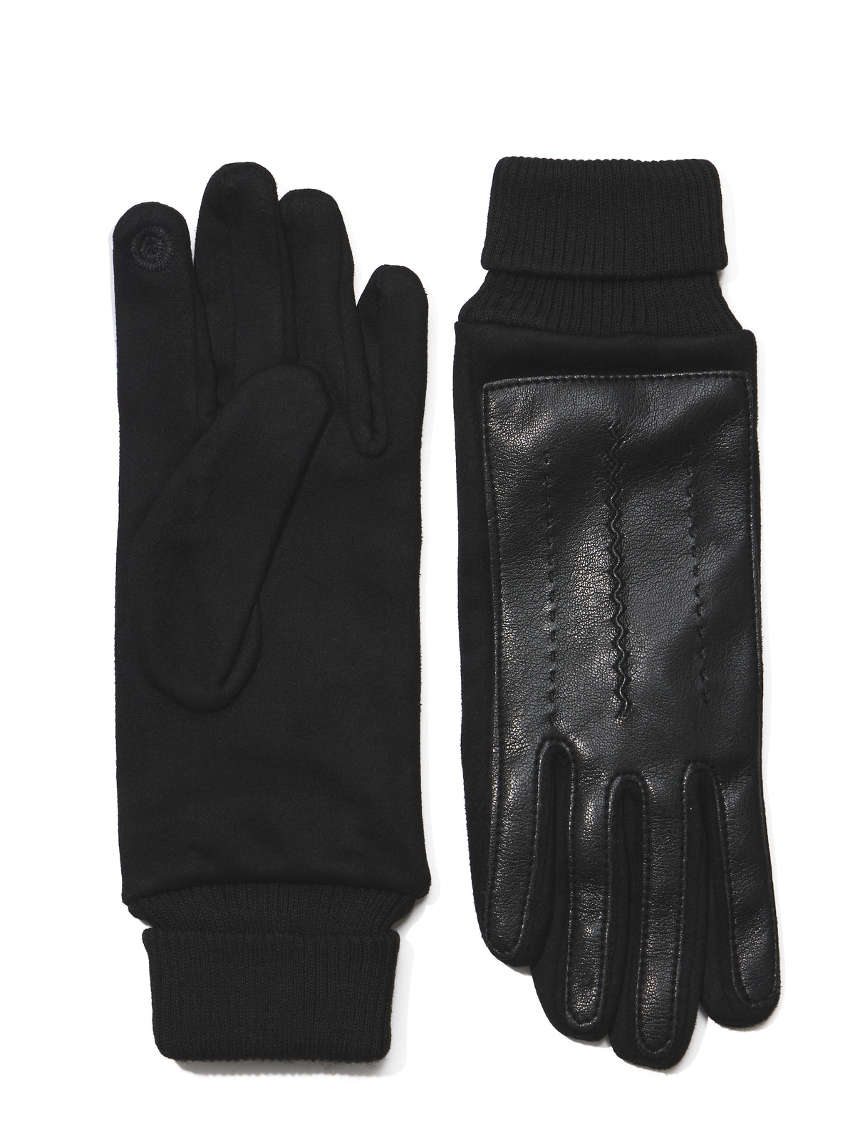 Black Faux Leather Touchscreen Gloves - Close-up Knit Palms with Ribbed Cuffs - Suzy Shier