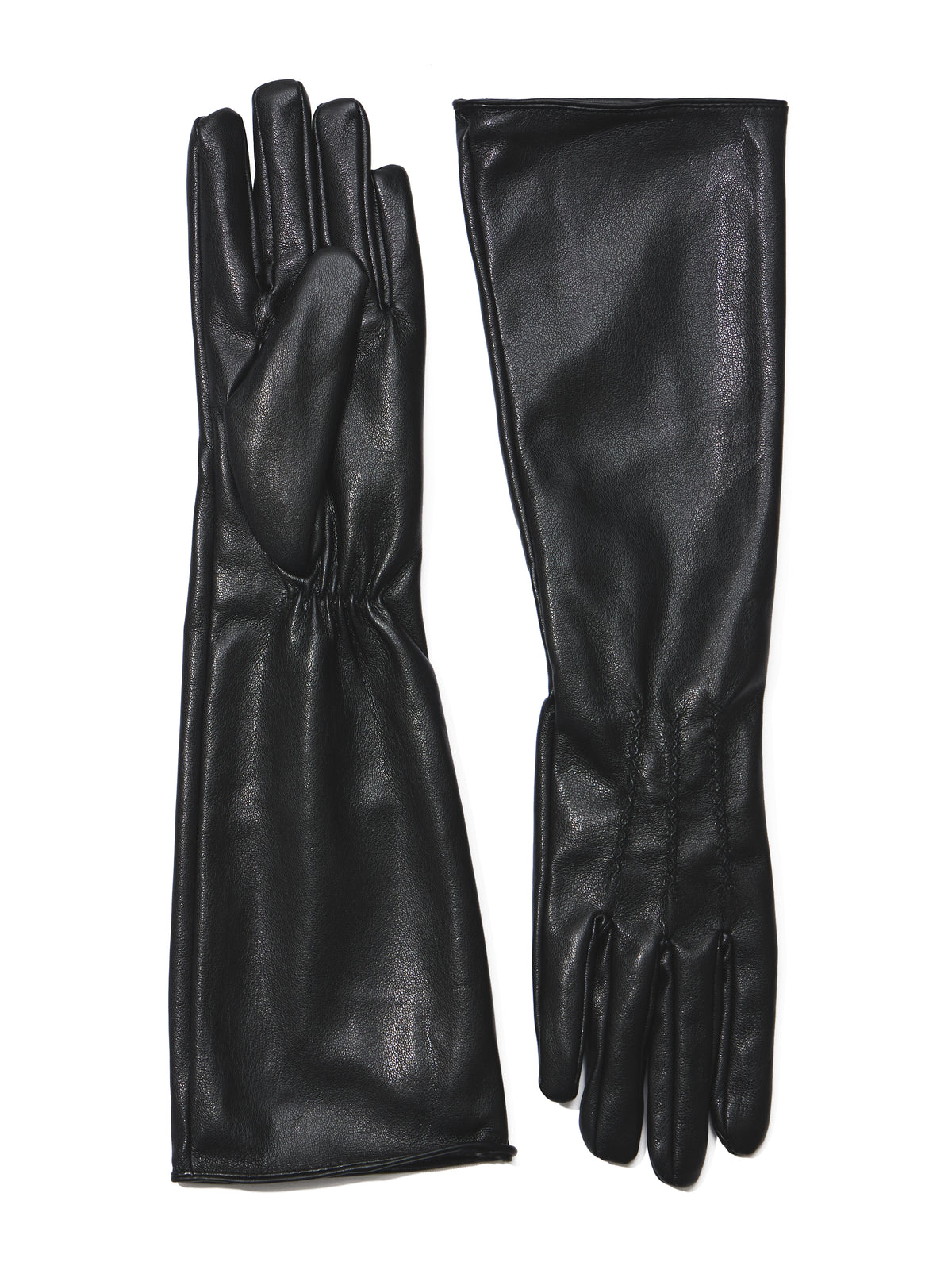 Black Long Faux Leather Gloves - Sleek Finish with Warm Lining - Suzy Shier