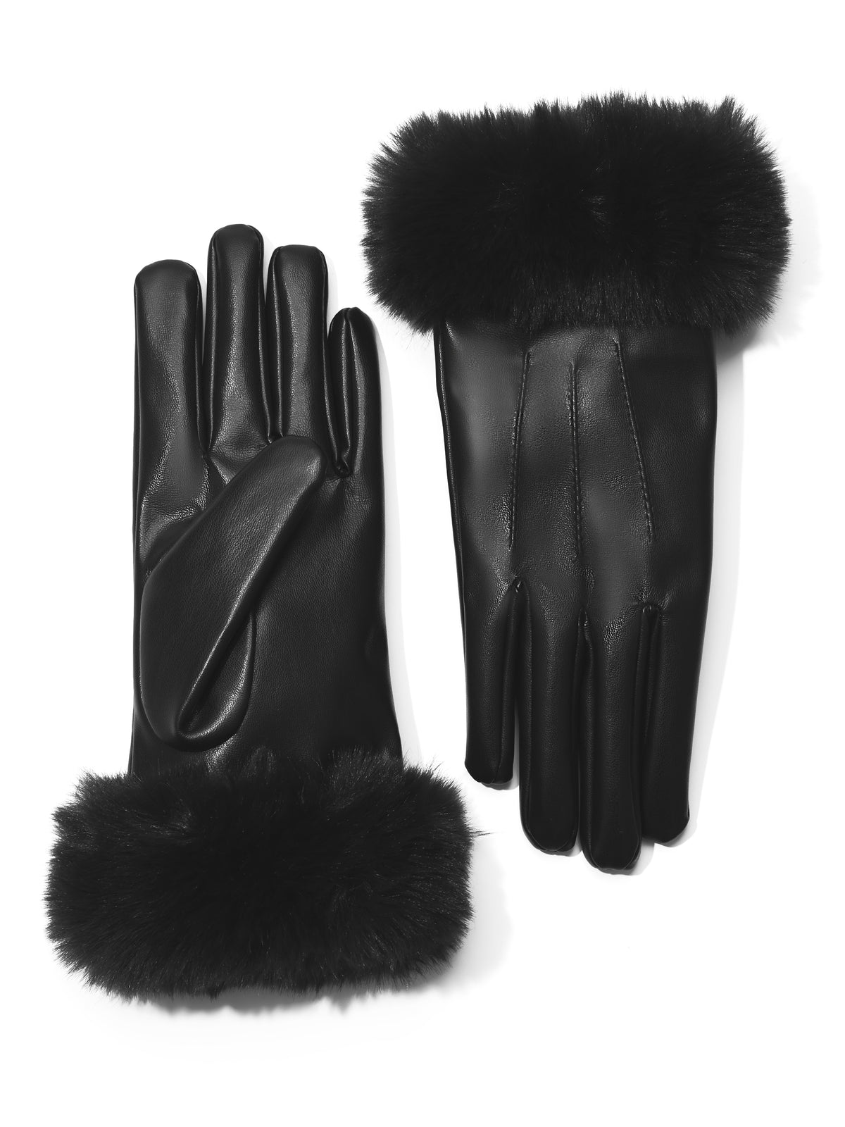 Black Faux Leather Gloves with Faux Fur Cuff - Close-up Detail of Plush Cuff - Suzy Shier
