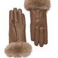 Dark Beige Faux Leather Gloves with Faux Fur Cuff - Close-up Detail of Plush Cuff - Suzy Shier