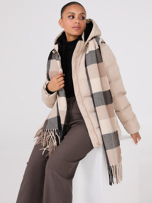 Checkered Fringe Scarf Camel