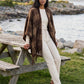 Brown Plaid Fringe Cape - Woman Wearing Oversized Woven Cape - Suzy Shier