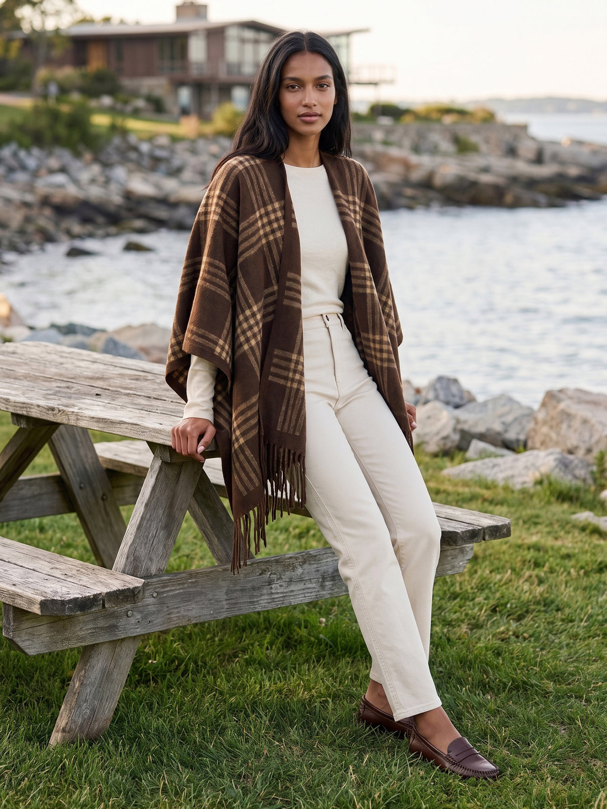 Brown Plaid Fringe Cape - Woman Wearing Oversized Woven Cape - Suzy Shier