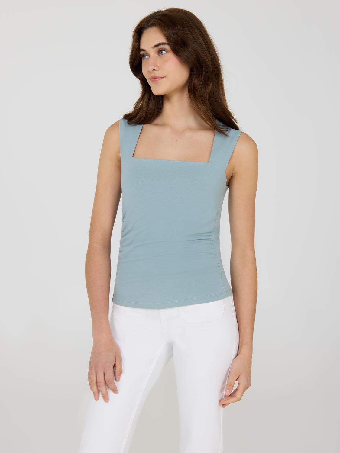 【MOILLY】Shirring Square Neck Top Sleeveless Ruched Square Neck Top – Suzy Shier