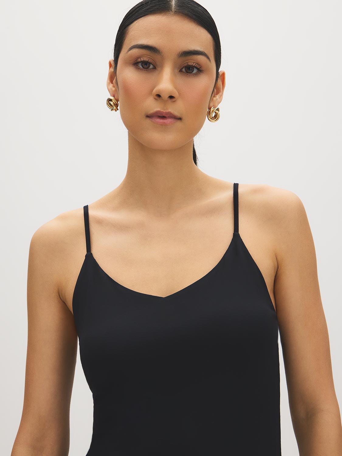 Black V-Neck Jersey Tank Top - Woman Wearing Soft Jersey Spaghetti Strap Top - Suzy Shier