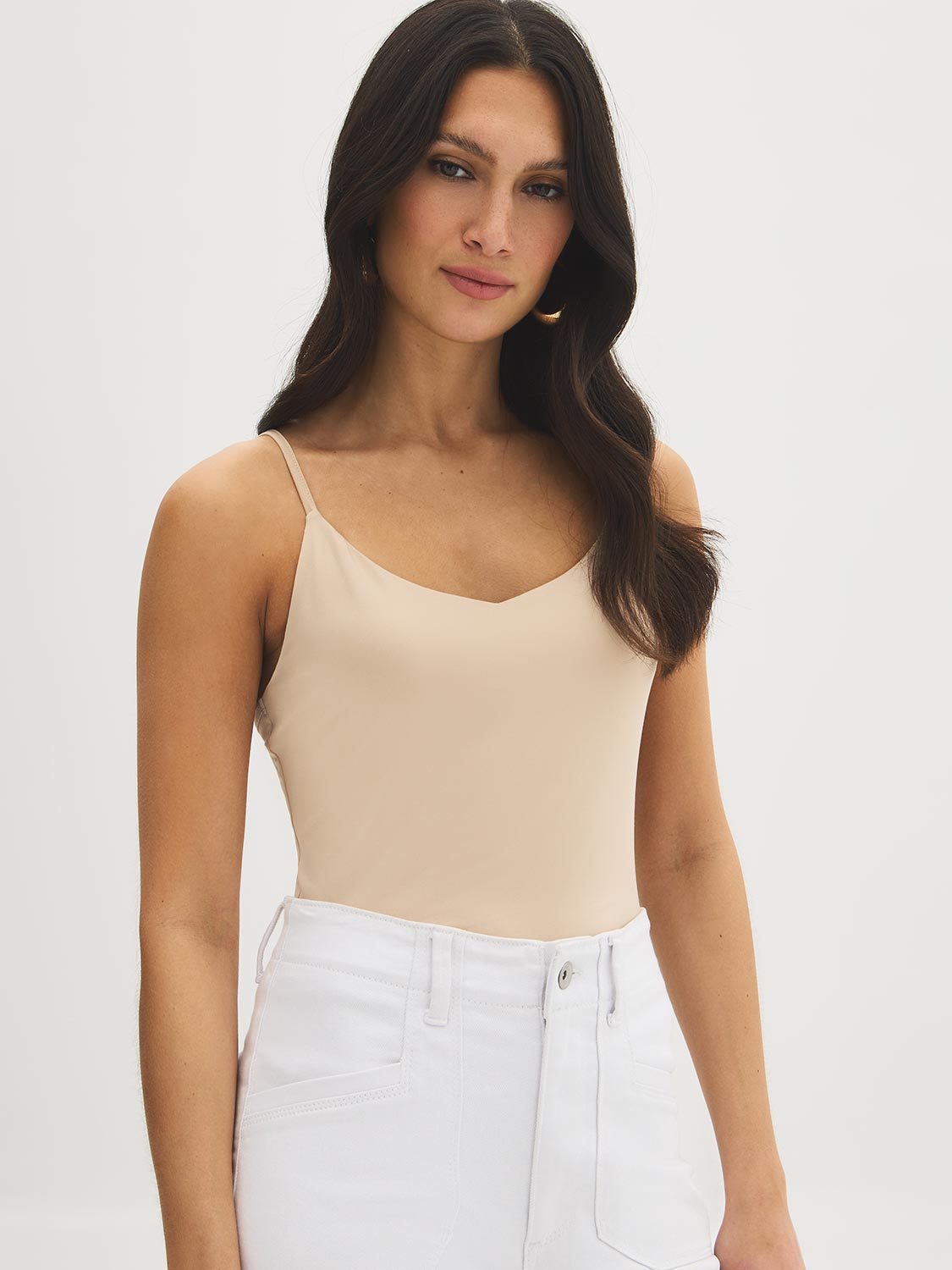 Black V-Neck Jersey Tank Top - Woman Wearing Soft Jersey Spaghetti Strap Top - Suzy Shier