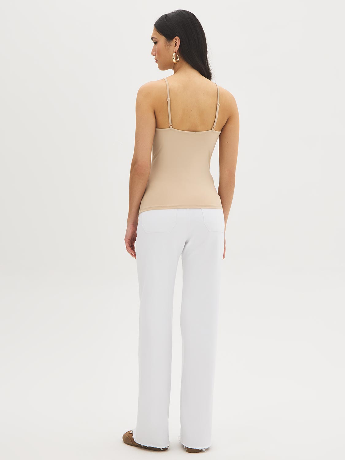 Black V-Neck Jersey Tank Top - Woman Wearing Soft Jersey Spaghetti Strap Top - Suzy Shier