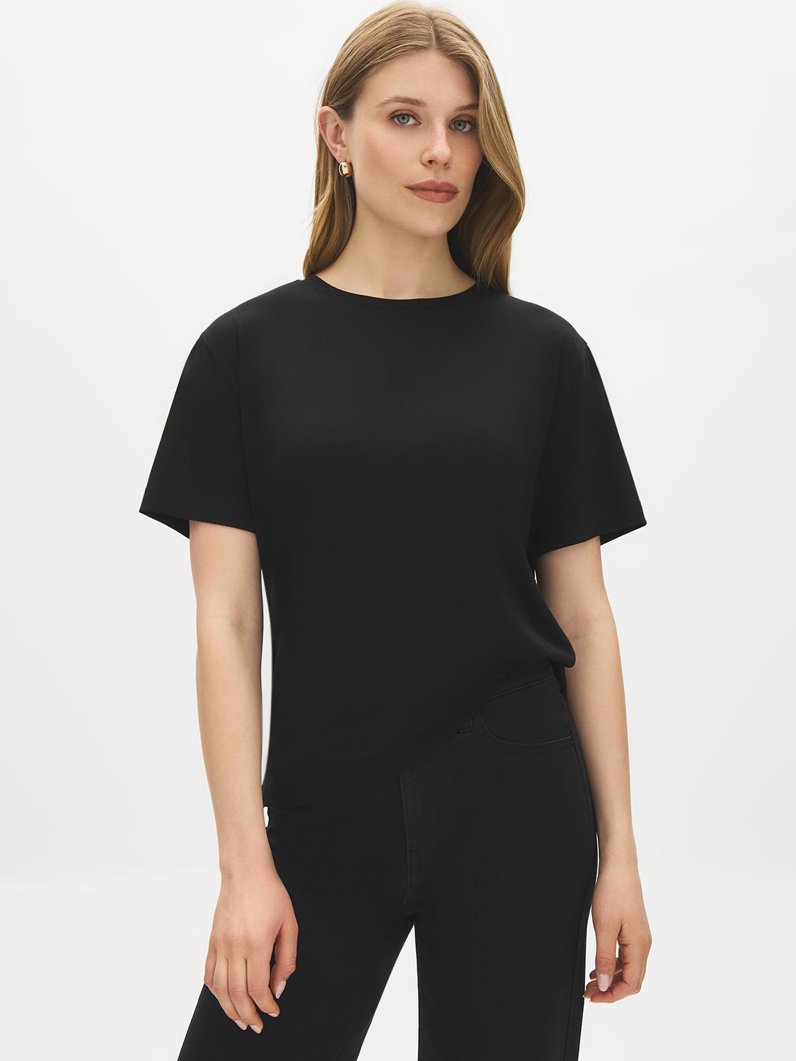 Jet Black Relaxed Fit Jersey T-Shirt with Side Slits - Woman Wearing Soft Crew Neck Top - Suzy Shier