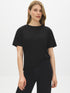 Jet Black Relaxed Fit Jersey T-Shirt with Side Slits - Woman Wearing Soft Crew Neck Top - Suzy Shier