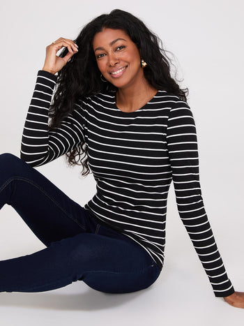 Striped Long Sleeve Round Neck Top Black