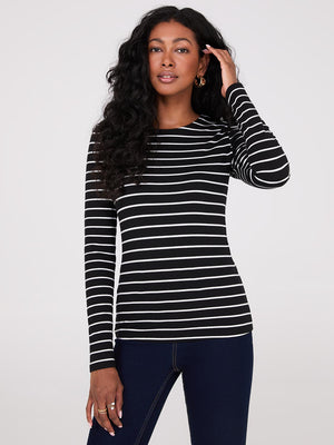 Striped Long Sleeve Round Neck Top Black