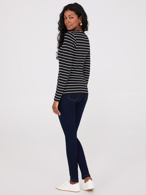 Striped Long Sleeve Round Neck Top Black