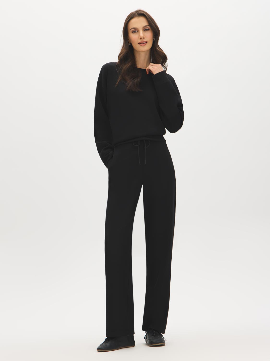 Coffee Bean Cloud Fleece Top with Drop Shoulder Sleeves - Front View - Suzy Shier