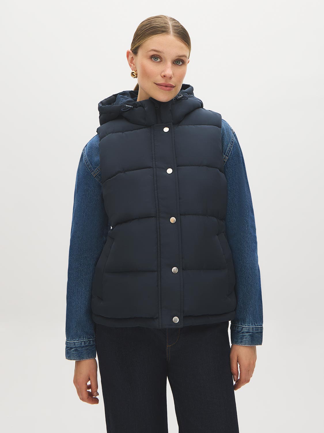 Navy Quilted Puffer Vest with Hood - Front View - Suzy Shier