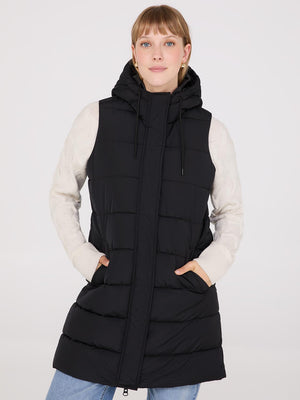 Long Hooded Puffer Vest Black