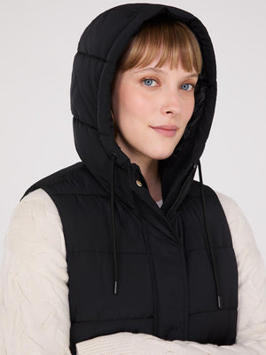 Long Hooded Puffer Vest Black