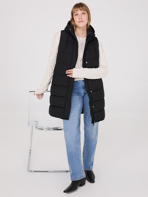 Long Hooded Puffer Vest Black