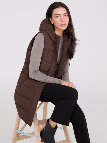 Long Hooded Puffer Vest Dk Brown