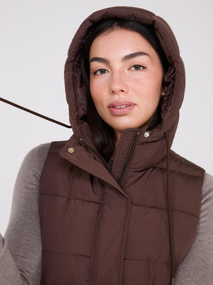 Long Hooded Puffer Vest Dk Brown