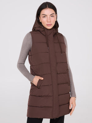 Long Hooded Puffer Vest Dk Brown