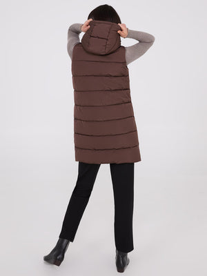 Long Hooded Puffer Vest Dk Brown