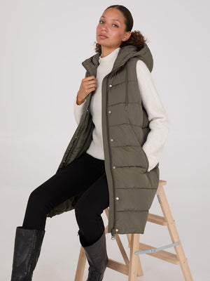 Long Hooded Puffer Vest Dk Green