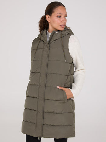 Long Hooded Puffer Vest Dk Green