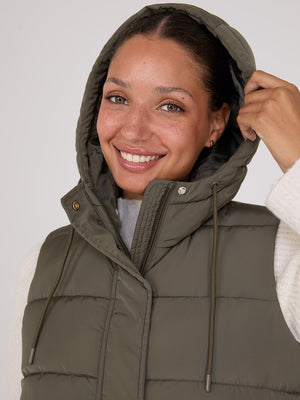 Long Hooded Puffer Vest Dk Green