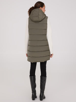 Long Hooded Puffer Vest Dk Green