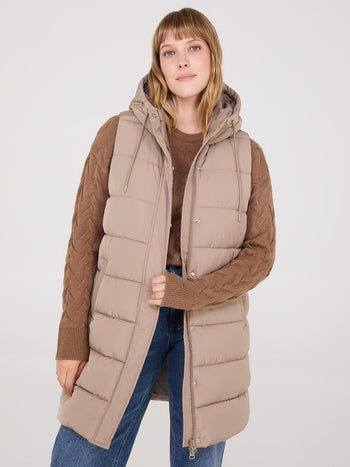 Long Hooded Puffer Vest Fawn