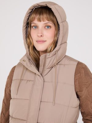 Long Hooded Puffer Vest Fawn