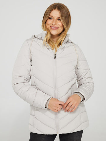 Winter White Faux Leather Padded Hooded Puffer Jacket, Womens Jackets