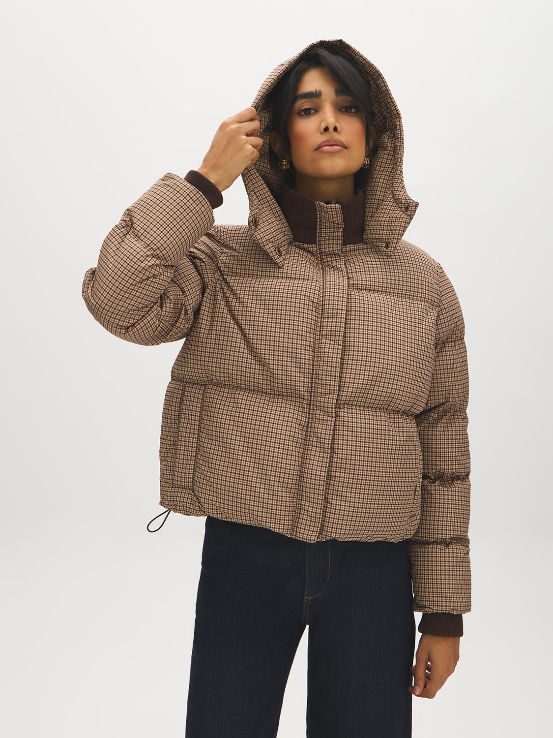Plaid Short Puffer Jacket with Hood - Woman Wearing Ribbed Cuff Outerwear - Suzy Shier