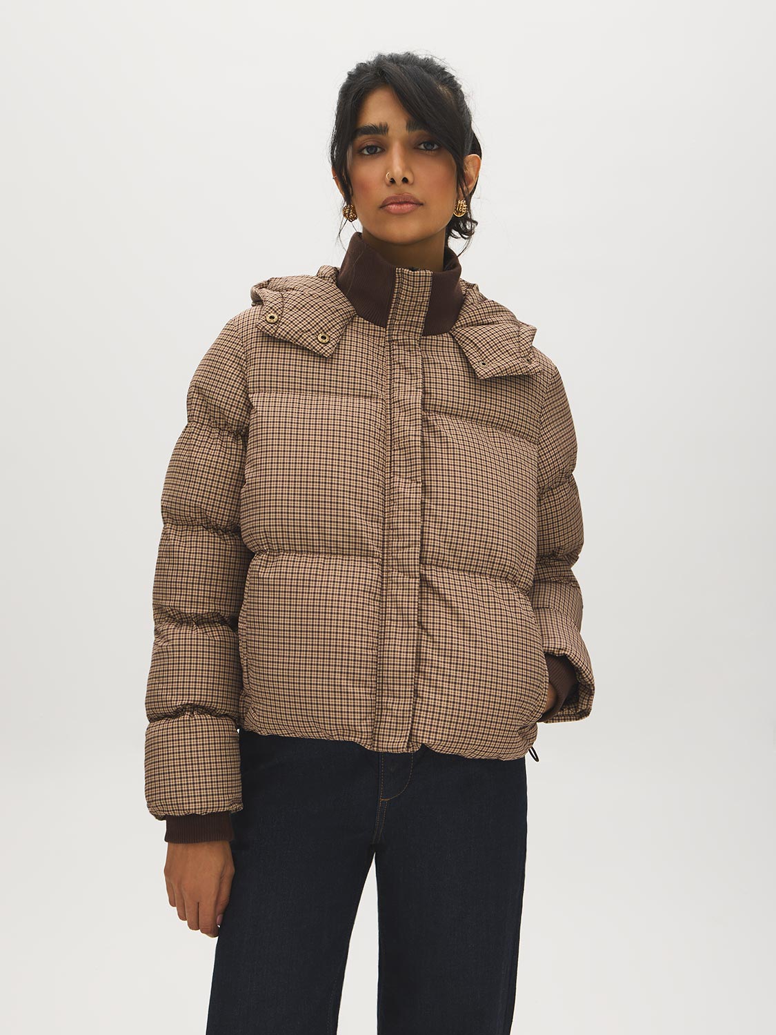 Plaid Short Puffer Jacket with Hood - Woman Wearing Ribbed Cuff Outerwear - Suzy Shier