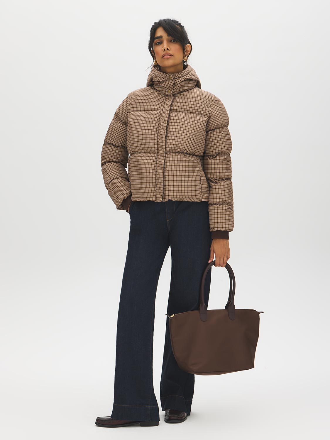 Plaid Short Puffer Jacket with Hood - Woman Wearing Ribbed Cuff Outerwear - Suzy Shier