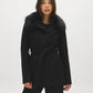 Manteau court ceinturé en fausse laine avec col en fourrure amovible