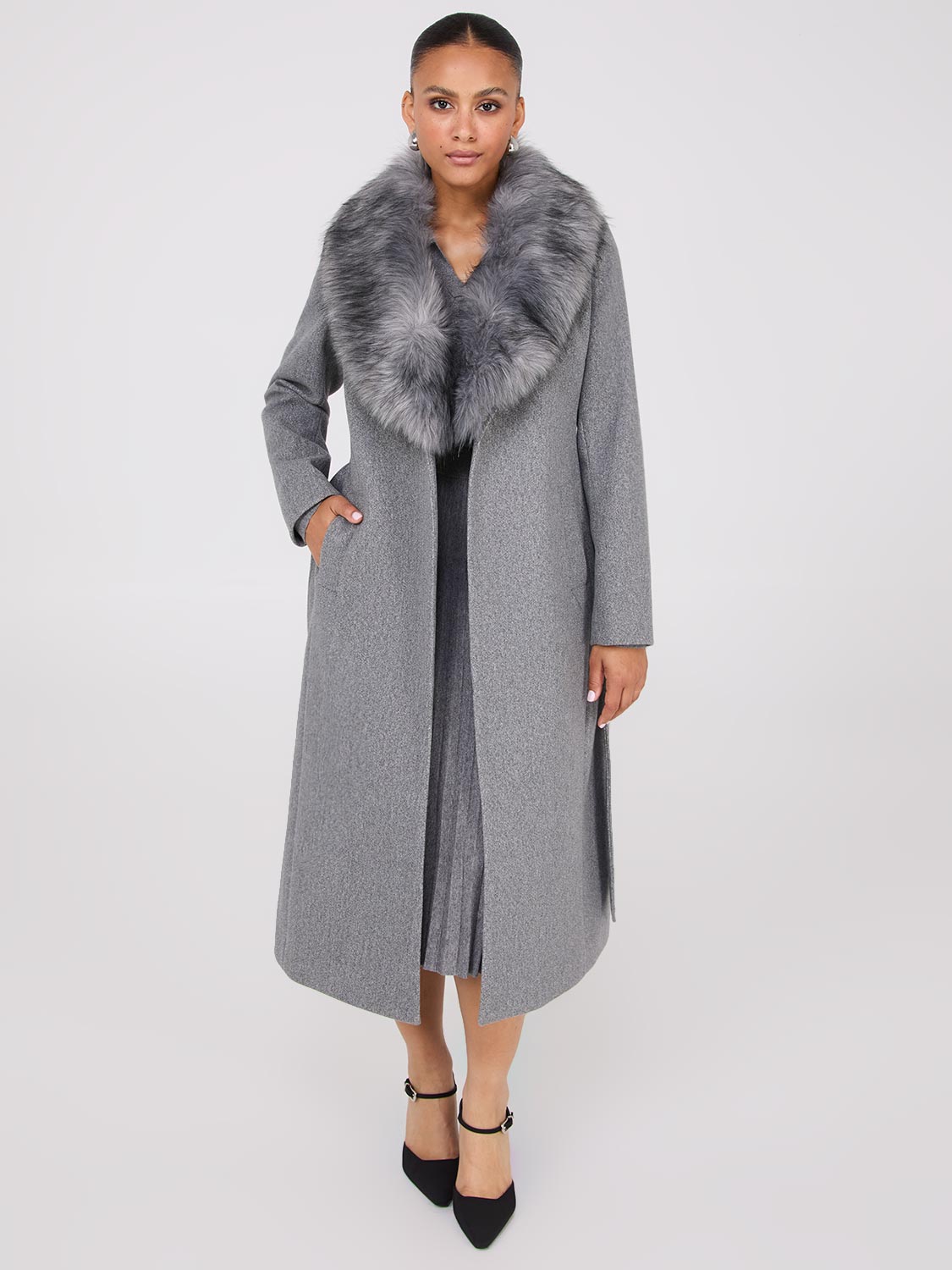 Suzy Long Wrap Coat With Faux Fur Collar Woman Grey Medium