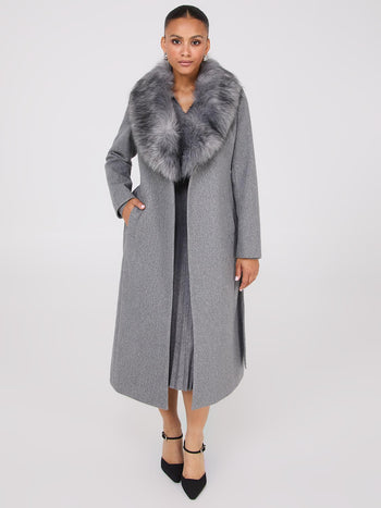 Long Wrap Coat With Faux Fur Collar Grey