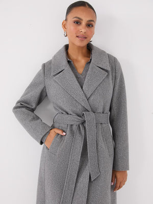 Long Wrap Coat With Faux Fur Collar Grey