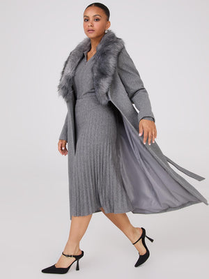 Long Wrap Coat With Faux Fur Collar Grey