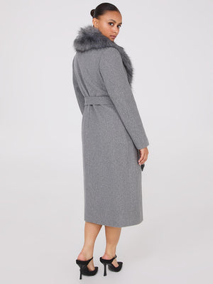 Long Wrap Coat With Faux Fur Collar Grey