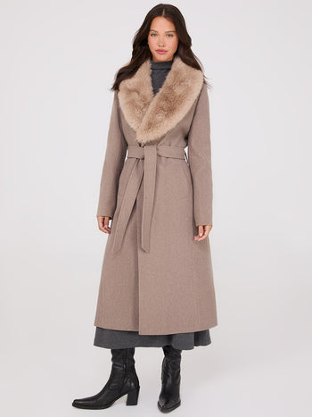 Long Wrap Coat With Faux Fur Collar Fawn