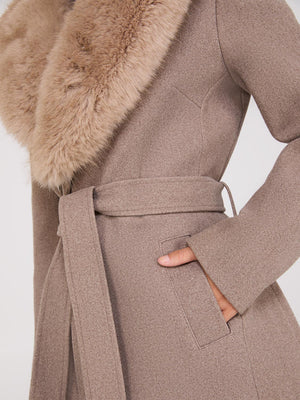 Long Wrap Coat With Faux Fur Collar Fawn