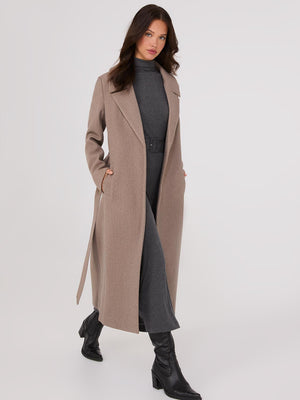 Long Wrap Coat With Faux Fur Collar Fawn