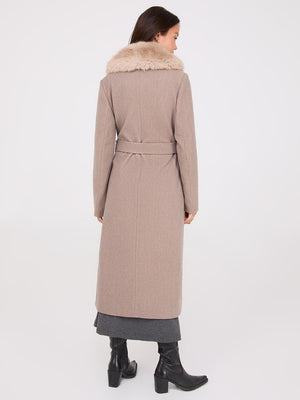 Long Wrap Coat With Faux Fur Collar Fawn